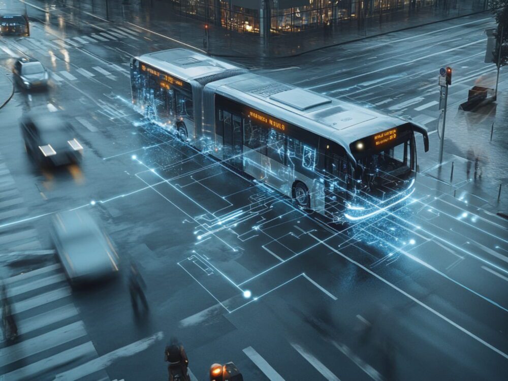 Ein Bus fährt über eine Kreuzung