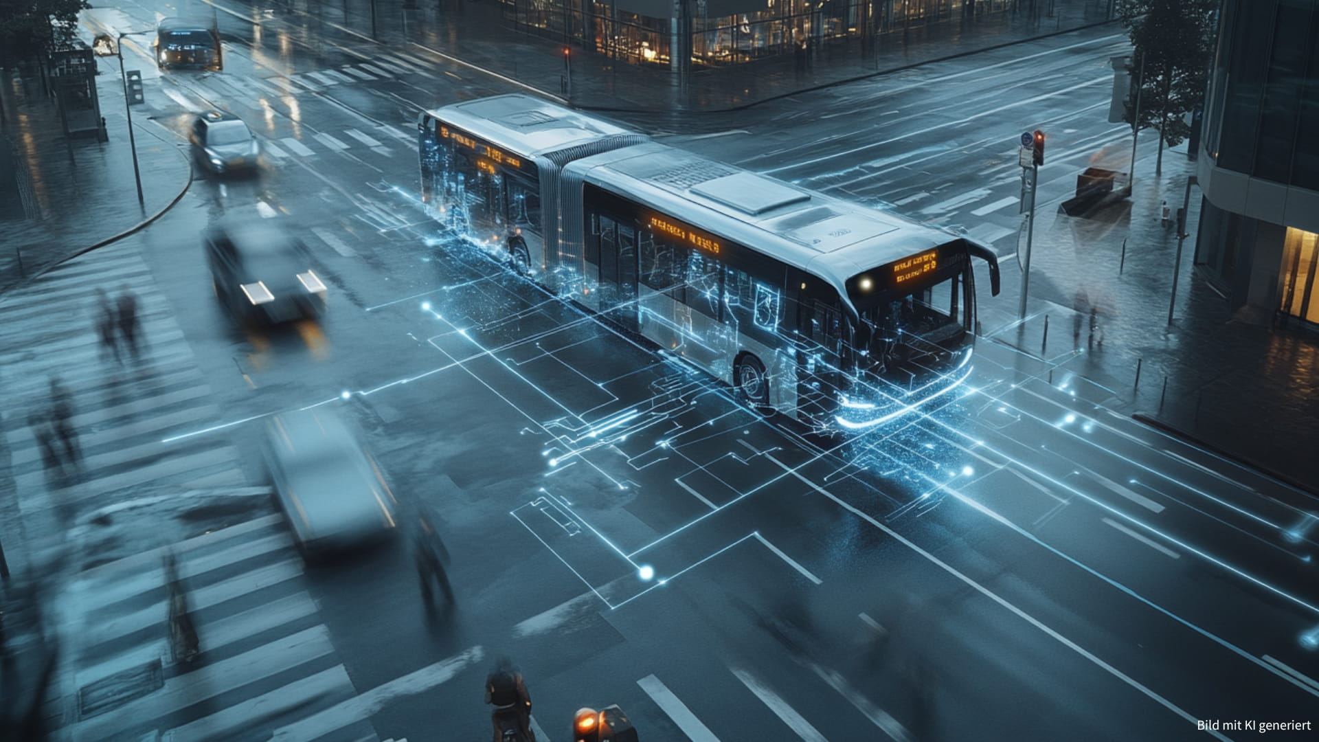 Ein Bus fährt über eine Kreuzung