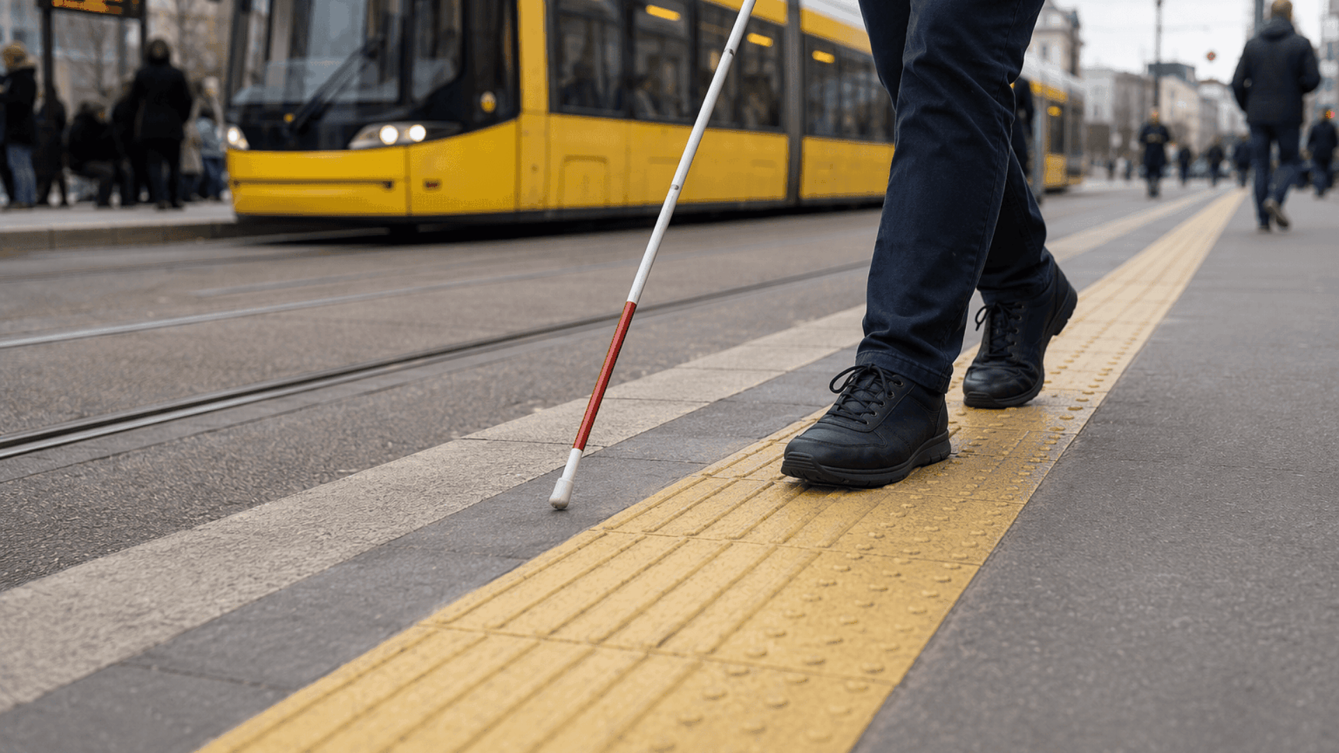 Person mit weissem Langstock an einer Strassenbahnhaltestelle.