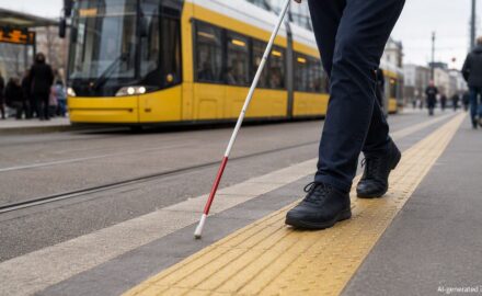 Person mit weissem Langstock an einer Strassenbahnhaltestelle.