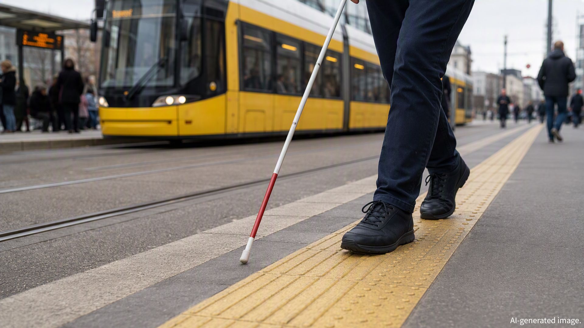 Person mit weissem Langstock an einer Strassenbahnhaltestelle.
